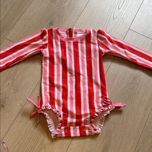 RUFFLEBUTTS Red and Pink Striped Long Sleeve Swimsuit